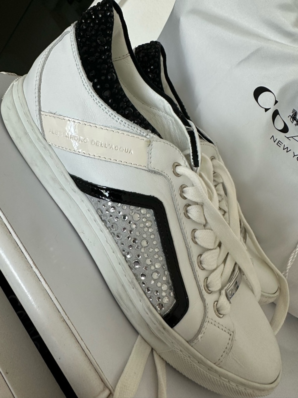 Alessandro Dell'Acqua White and Black Crystal-Trim Women's Sneaker